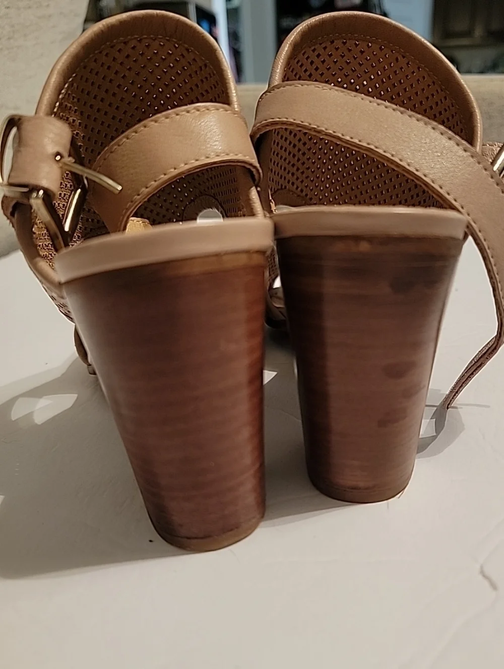 Avellini Women’s Italy Leather Open Toe 3 1/2 Block Heel Sandals Tan Sz7.5/8 EUC